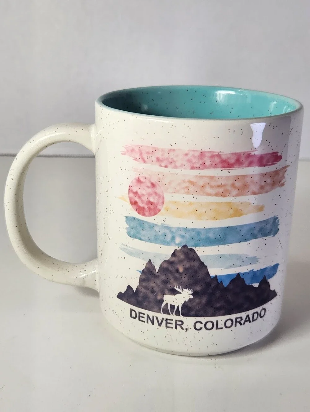 Denver Colorado Souvenir Coffee Mug Speckled White Teal Interior Mountain Moose